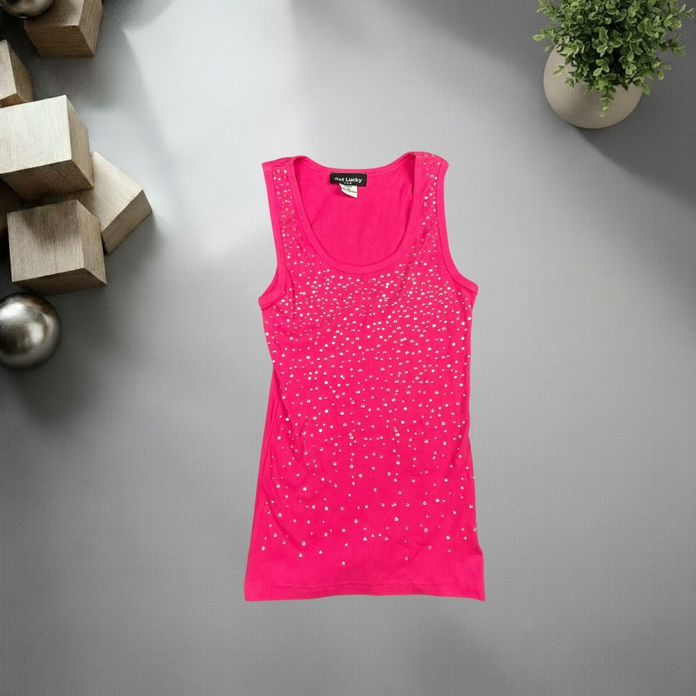 Get Lucky Hot Pink Rhinestone Ribbed Tank Top Y2K McBling Size M